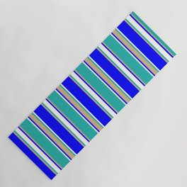 [ Thumbnail: Blue, Tan, Light Sea Green, and White Colored Striped Pattern Yoga Mat ]