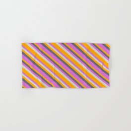 [ Thumbnail: Dim Gray, Orchid, Light Gray & Orange Colored Lined Pattern Hand & Bath Towel ]
