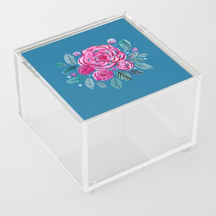 Spring roses bouquet - pink on bluw background Acrylic Box