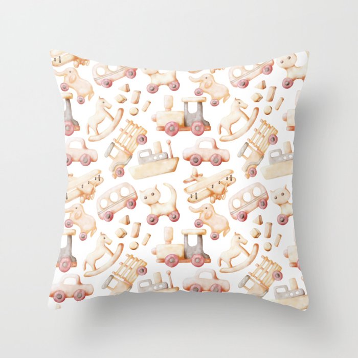 Wooden Toys Watercolor Pattern Illustration Throw Pillow