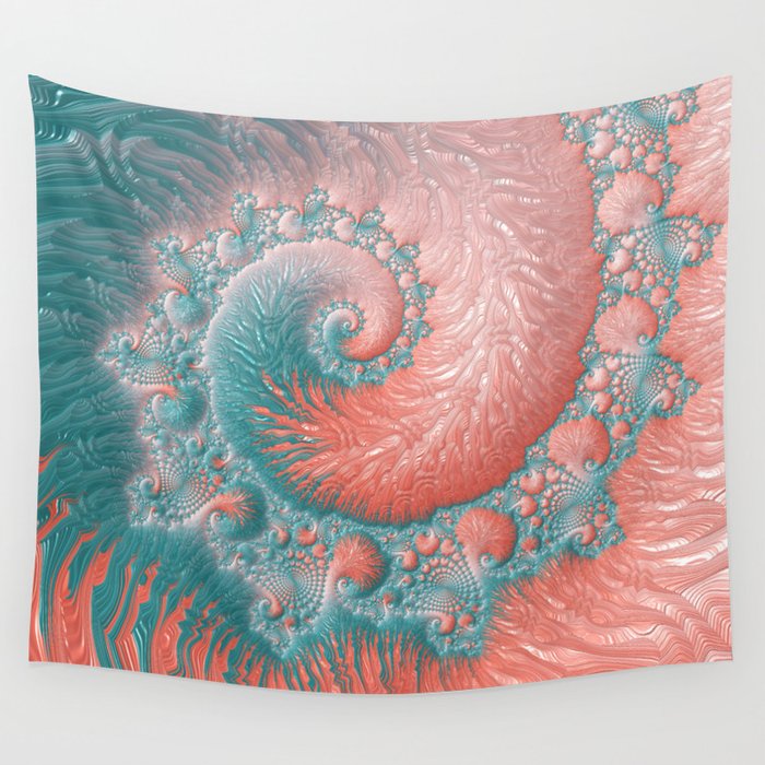 Living Coral Teal Blue Spiral Swirl Pattern Abstract Coral Reef Fractal Wall Tapestry