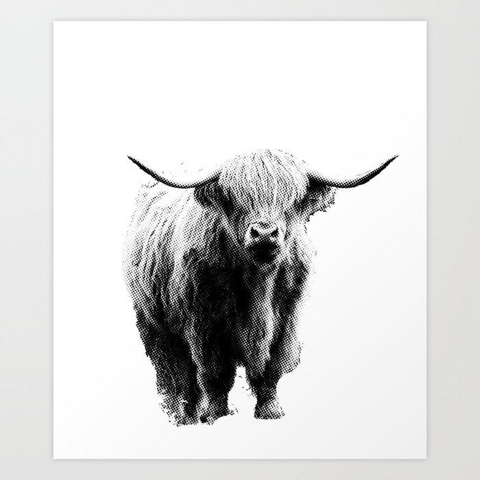 Newspaper Print Style Highland Cow. Scotland, Bull, Horns. Art Print