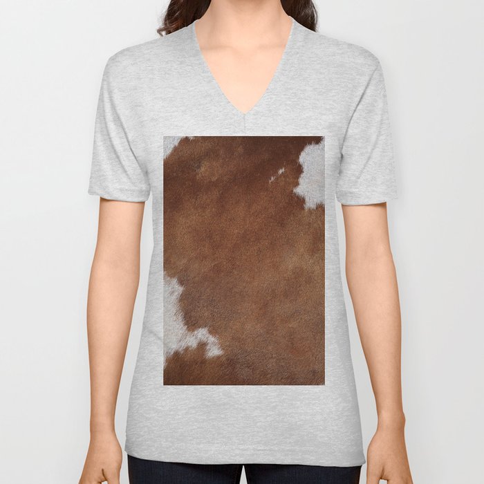 Faux Cowhide, White + Tan Brown (Digital Art, xii 2021) V Neck T Shirt
