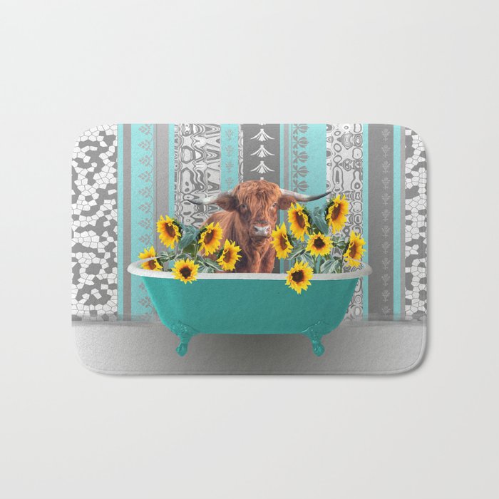 bathtub with Highland cow and sunflowers Bath Mat
