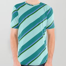 [ Thumbnail: Turquoise, Teal, Cornflower Blue & Dark Green Colored Lined Pattern All Over Graphic Tee ]