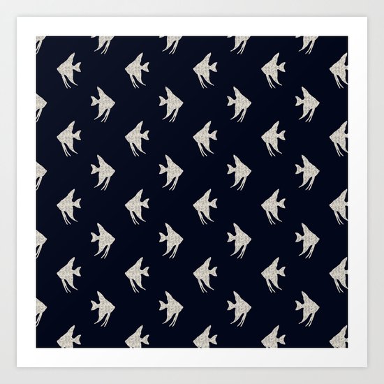 White fishes on Navy blue maritime sea design Art Print