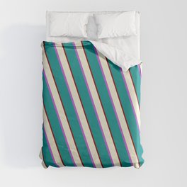 [ Thumbnail: Beige, Orchid, Dark Cyan, and Maroon Colored Striped/Lined Pattern Duvet Cover ]