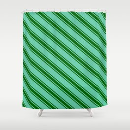 [ Thumbnail: Aquamarine & Dark Green Colored Stripes/Lines Pattern Shower Curtain ]