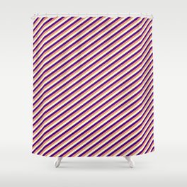[ Thumbnail: Indigo, Dark Salmon, and Light Yellow Colored Stripes/Lines Pattern Shower Curtain ]
