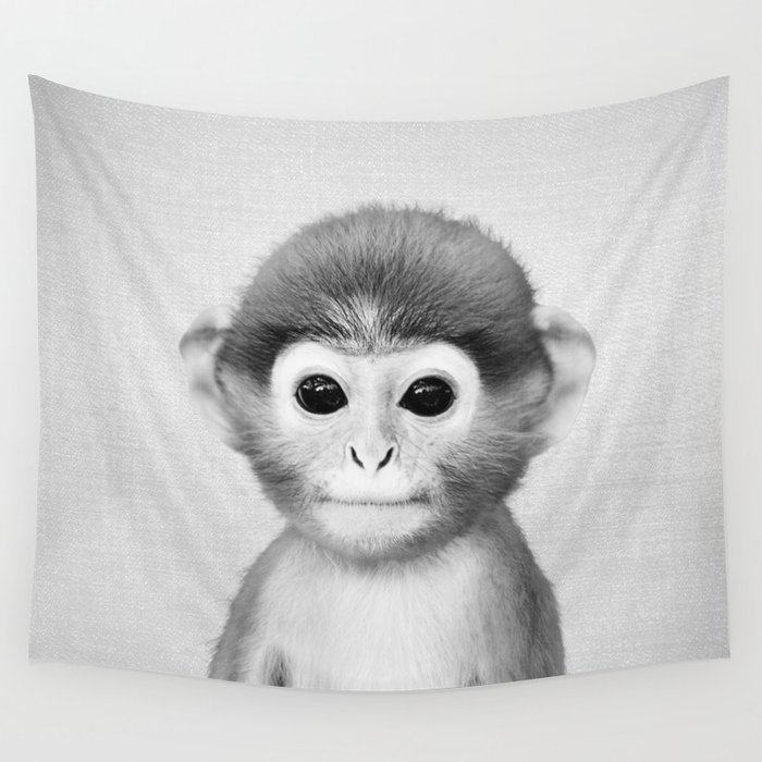 Baby Monkey Black White Wall Tapestry