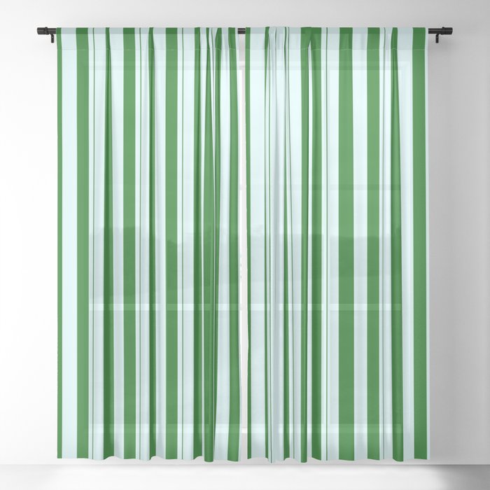 Light Cyan & Dark Green Colored Lined Pattern Sheer Curtain