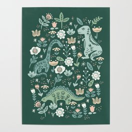 Folk Floral Dinosaur Poster