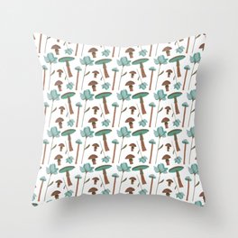 Mushroom Flower Teal Brown Cottage Core Pattern Throw Pillow