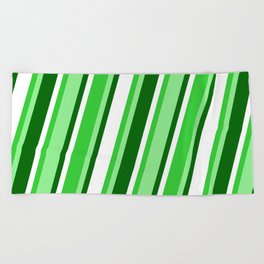 [ Thumbnail: Lime Green, Light Green, Dark Green, and White Colored Pattern of Stripes Beach Towel ]