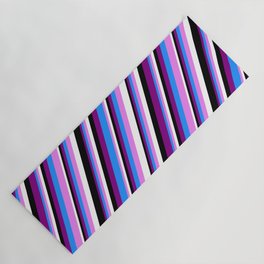 [ Thumbnail: Purple, Blue, Violet, White & Black Colored Stripes Pattern Yoga Mat ]