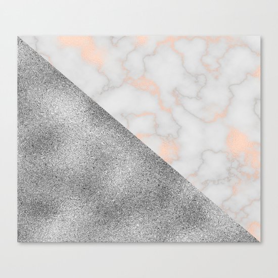 Rose gold marble and silver glitter Canvas Print
