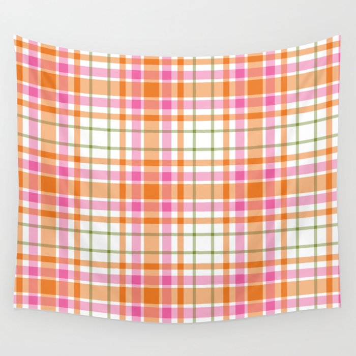 Summer Plaid Pink Orange Green White Wall Tapestry