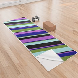 [ Thumbnail: Eyecatching Orchid, Dark Blue, Green, Turquoise, and Black Colored Stripes/Lines Pattern Yoga Towel ]