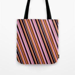 [ Thumbnail: Plum, Chocolate, and Black Colored Lines/Stripes Pattern Tote Bag ]