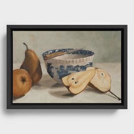 pears, knife, & transferware bowl Framed Canvas
