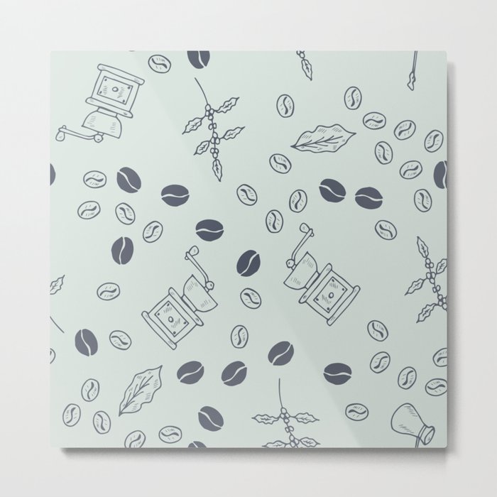 Gray Coffee Beans and Grinders Seamless Pattern on Pastel Min Green  Metal Print