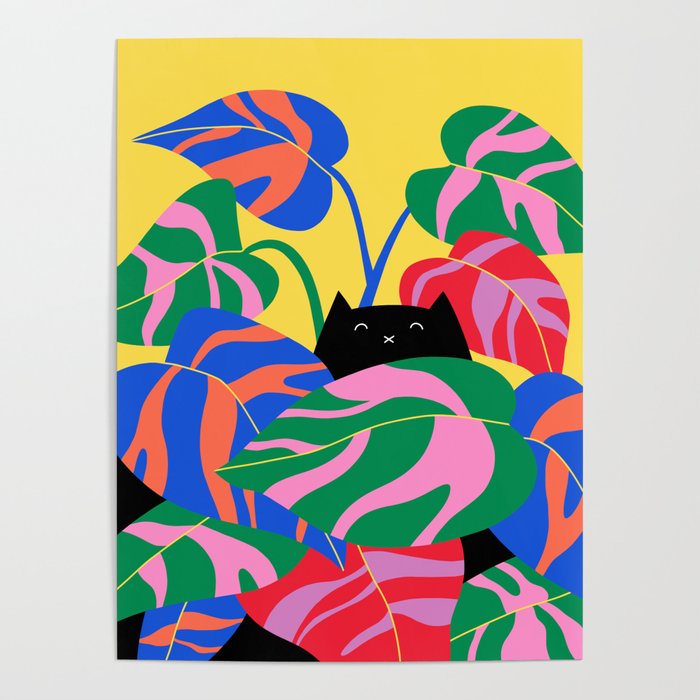 Black Cat Hiding in Philodendron Plant - Colorful Palette Poster