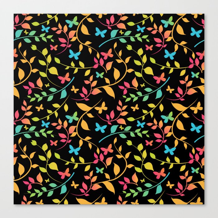 Colorful leaves and butterfly seamless pattern isolated on dark background! Canvas Print