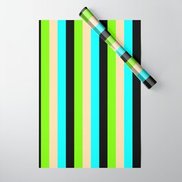 [ Thumbnail: Aqua, Tan, Green, and Black Colored Stripes Pattern Wrapping Paper ]