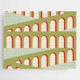 Bauhaus Arch Minimalist Green Greenery Red Pastel Jigsaw Puzzle