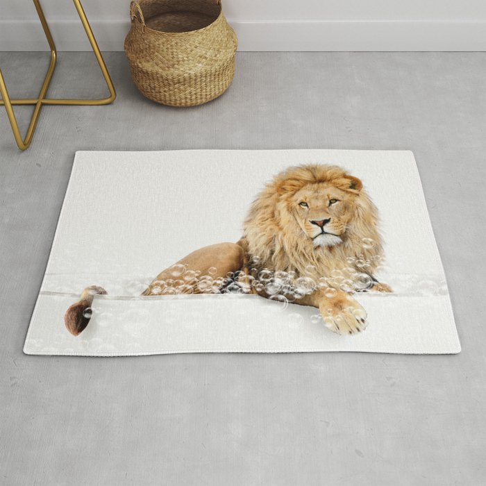 Lion in a Bathtub, Lion Taking a Bath, Lion Bathing, Whimsy Animal Art Print By Synplus Rug