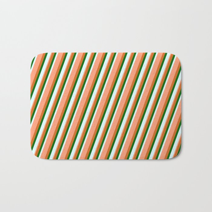 Chocolate, Dark Green, Light Cyan & Light Salmon Colored Lined/Striped Pattern Bath Mat