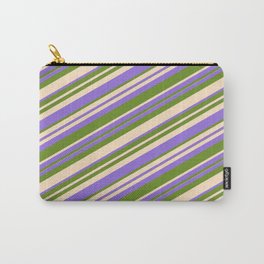 [ Thumbnail: Purple, Green, and Bisque Colored Lined Pattern Carry-All Pouch ]