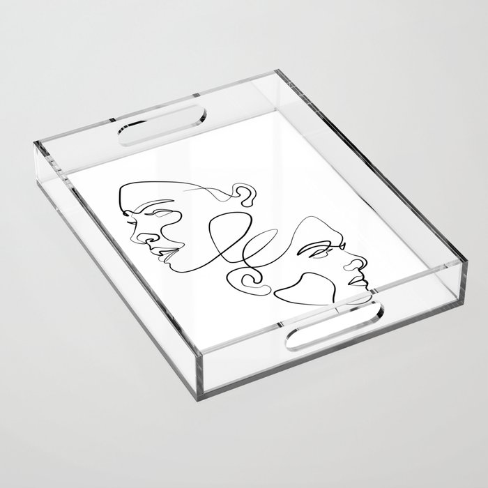 TWO WOMAN FACES IN DIFFERENT DIRECTIONS ONE LINE ART DESIGN Acrylic Tray