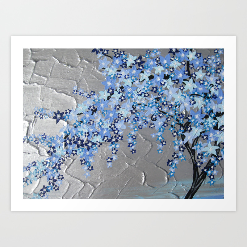 Blue Cherry Blossom With Silver Grey Gray White Tree Trees Japanese Japan Beautiful Prints Art Print By Cathyjacobs Society6