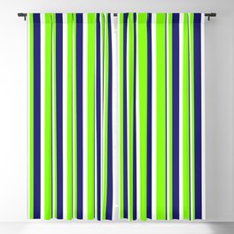 [ Thumbnail: Chartreuse, White & Midnight Blue Colored Stripes Pattern Blackout Curtain ]