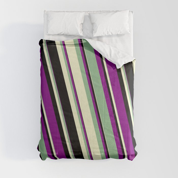 Purple, Dark Sea Green, Light Yellow & Black Colored Lines/Stripes Pattern Comforter