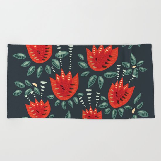 Abstract Red Tulip Floral Pattern Beach Towel