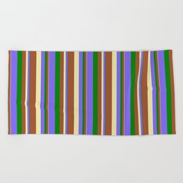 [ Thumbnail: Green, Medium Slate Blue, Pale Goldenrod, and Sienna Colored Striped Pattern Beach Towel ]