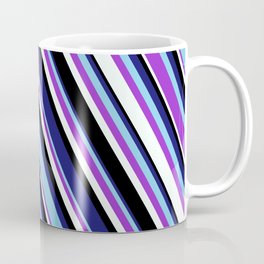 [ Thumbnail: Vibrant Midnight Blue, Sky Blue, Dark Orchid, Mint Cream, and Black Colored Lined/Striped Pattern Coffee Mug ]