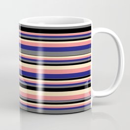 [ Thumbnail: Vibrant Beige, Light Coral, Midnight Blue, Dim Gray, and Black Colored Pattern of Stripes Coffee Mug ]