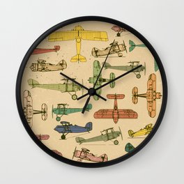 Airplanes. Retro seamless pattern on vintage old paper. Plus three objects cracked surface. Grunge effects Wall Clock