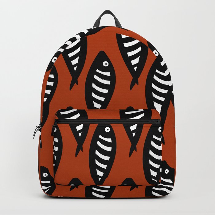 Abstract black and white fish pattern Burnt orange Backpack