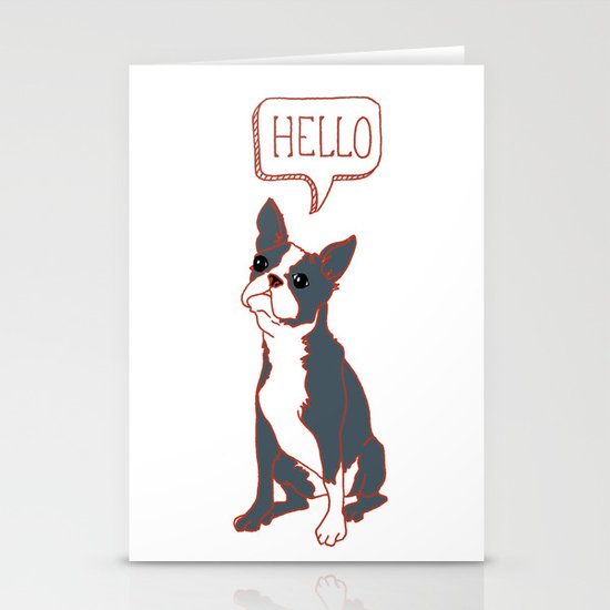 Boston Terrier, Hello, Red, Black, Grey Stationery Cards