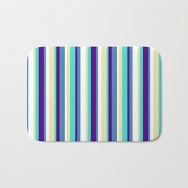 [ Thumbnail: Eye-catching Turquoise, Indigo, Blue, White, and Pale Goldenrod Colored Lines Pattern Bath Mat ]