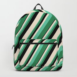 [ Thumbnail: Beige, Aquamarine, Sea Green, and Black Colored Lined/Striped Pattern Backpack ]