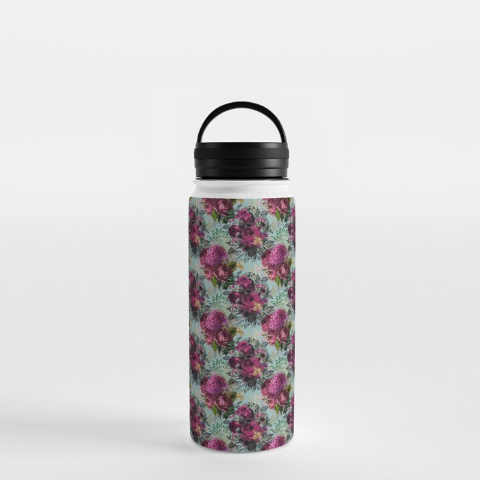 Burgundy Green Flower Bouquets Pattern Water Bottle