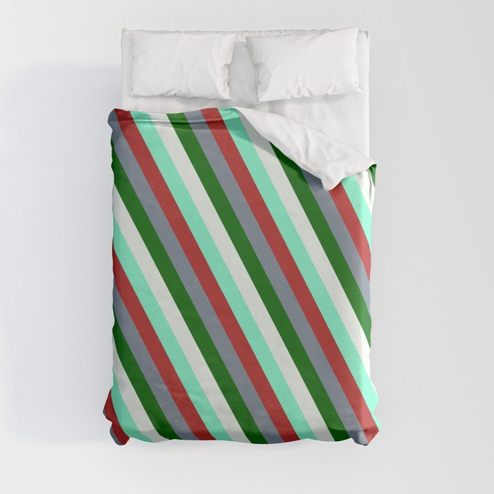 Mint Cream, Aquamarine, Red, Light Slate Gray, and Dark Green Colored Striped/Lined Pattern Duvet Cover