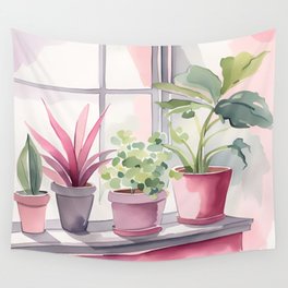 Watercolor Windowsill - potted plants, morning light Wall Tapestry