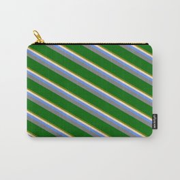 [ Thumbnail: Eyecatching Green, Bisque, Cornflower Blue, Gray, and Dark Green Colored Lined/Striped Pattern Carry-All Pouch ]