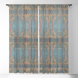 The Spindles- Blue and Orange Filigree  Sheer Curtain